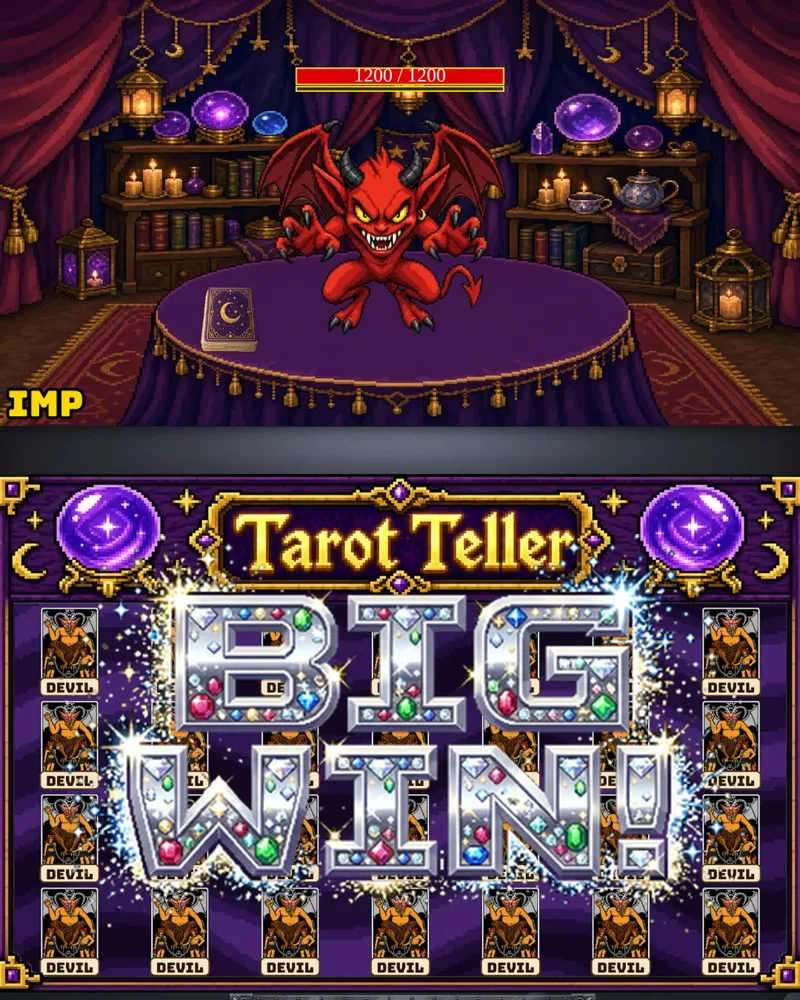An imp on the fortune teller's table above a Big Win on the Tarot Teller slot